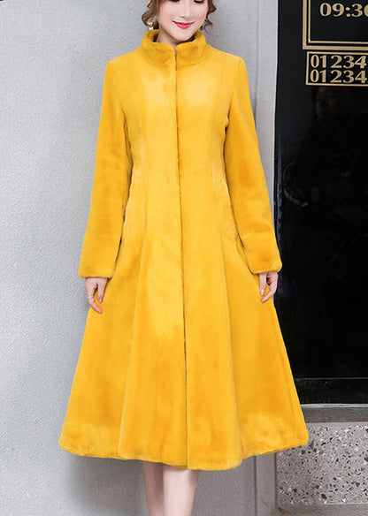 Yellow Stand Collar Silm Fit Faux Fur Trench Winter
