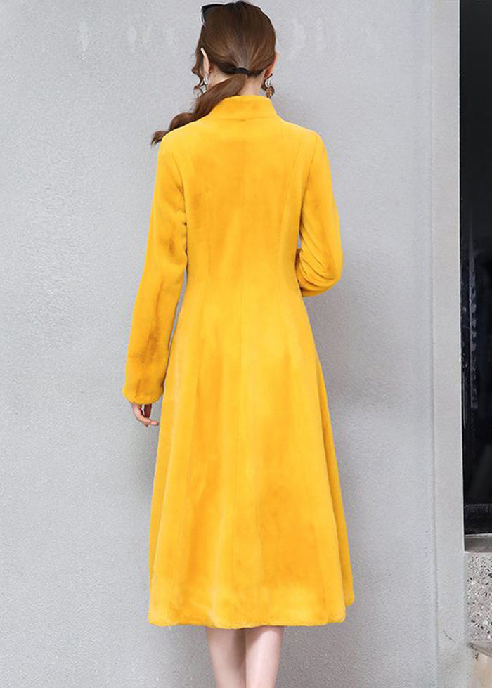 Yellow Stand Collar Silm Fit Faux Fur Trench Winter