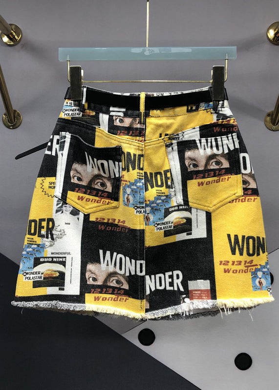 Yellow Street Graphic Pockets Patchwork Denim Skirt Summer