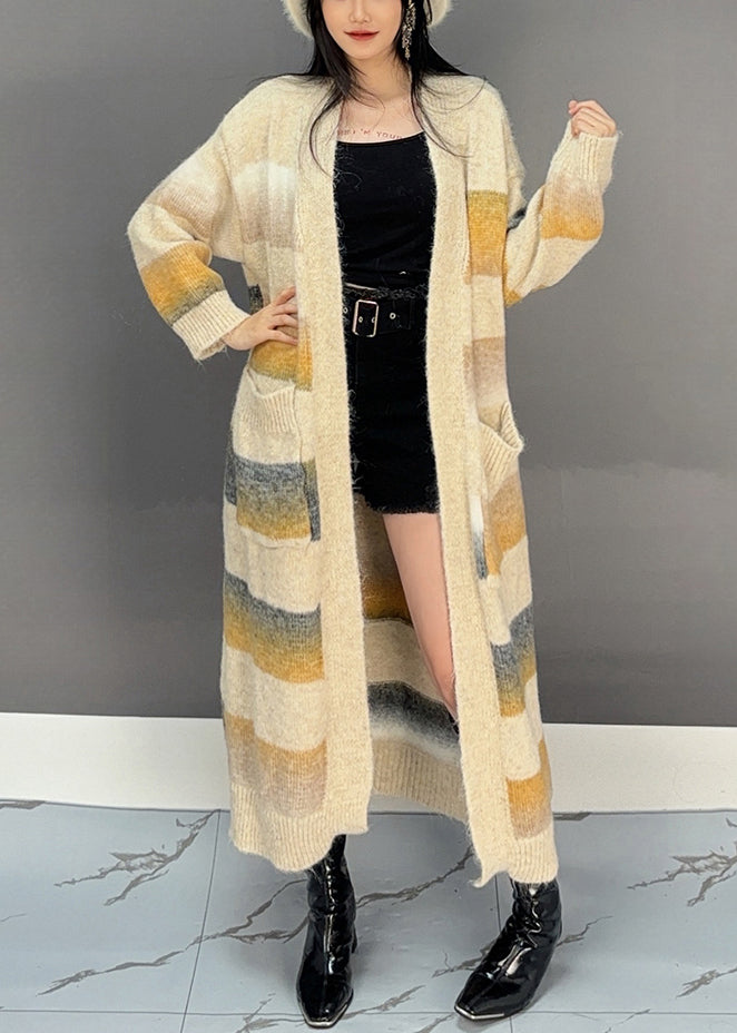 Yellow Striped Pockets Knit Long Cardigan Spring