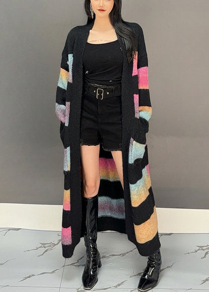 Yellow Striped Pockets Knit Long Cardigan Spring