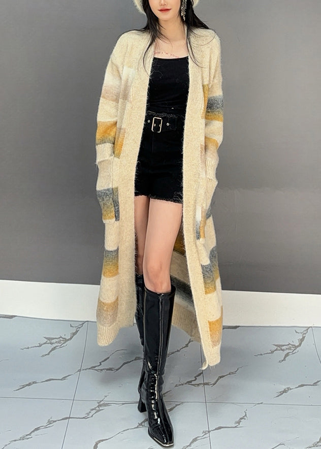 Yellow Striped Pockets Knit Long Cardigan Spring
