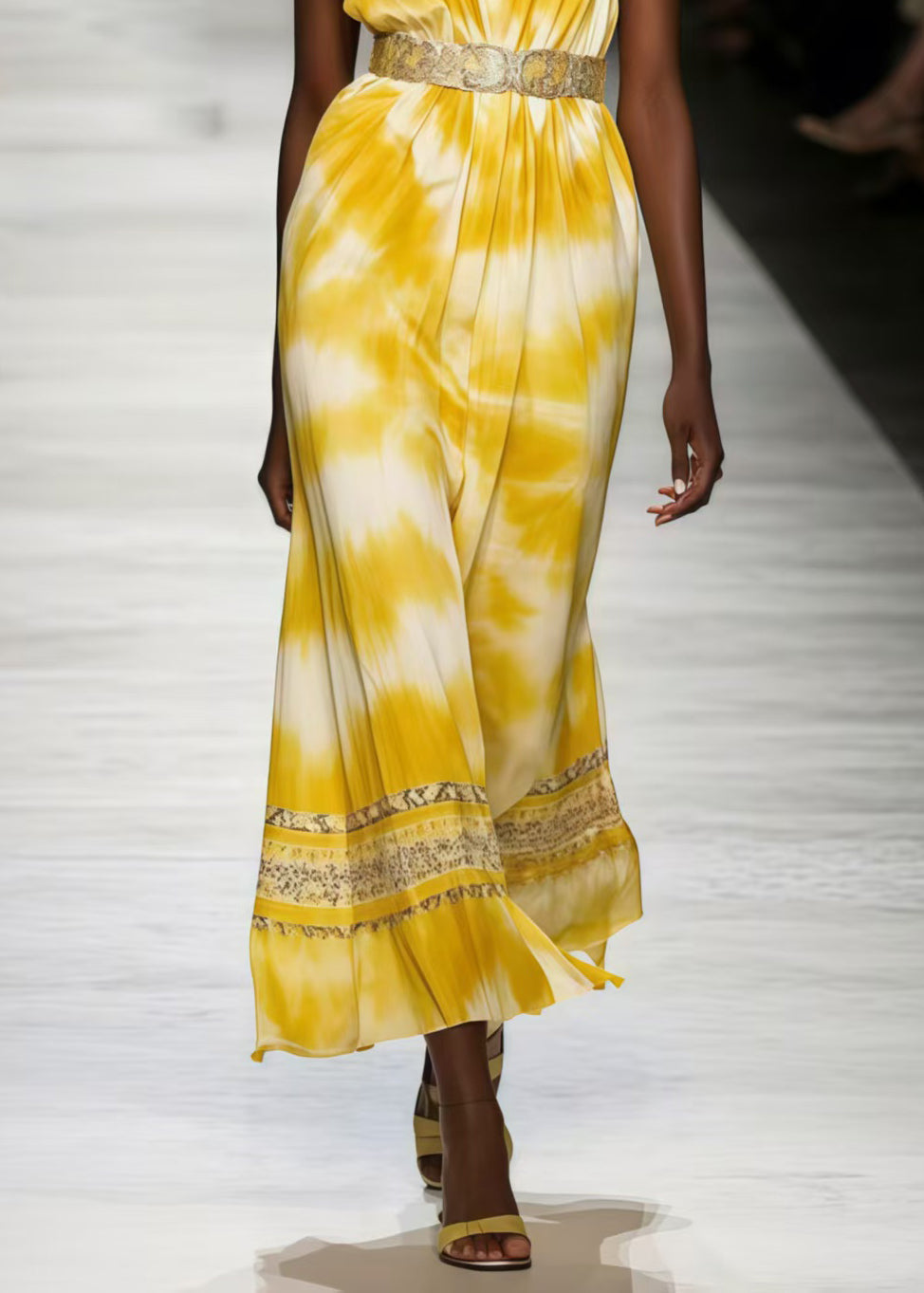 Yellow Tie Dye Chiffon Tunic Dresses Sleeveless