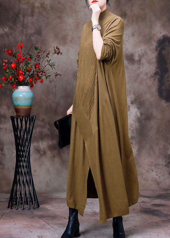 Yellow Turtle Neck Asymmetrical Side Open Knit Long Sweater Winter