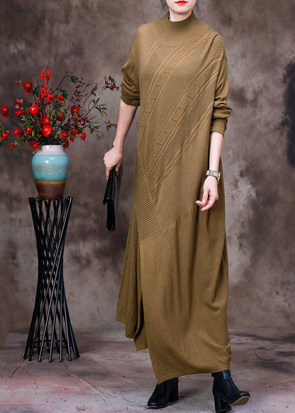 Yellow Turtle Neck Asymmetrical Side Open Knit Long Sweater Winter