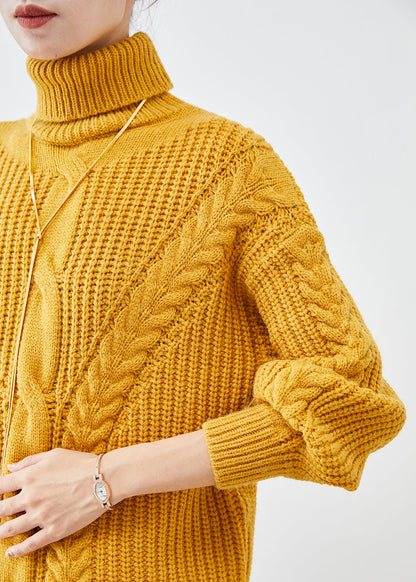 Yellow Turtle Neck Thick Cable Knit Short Sweater Fall