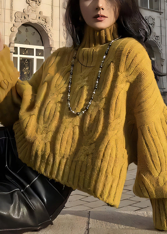 Yellow Turtleneck Cozy Cable Knit Sweaters Winter