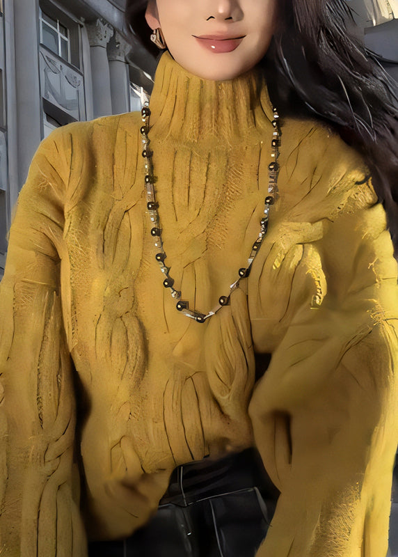 Yellow Turtleneck Cozy Cable Knit Sweaters Winter