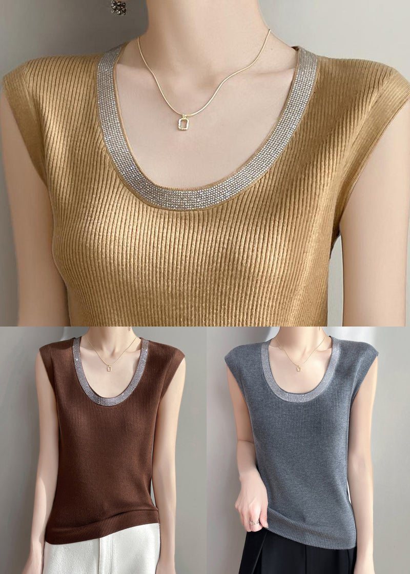 Yellow U Neck Patchwork Knit Tank Summer