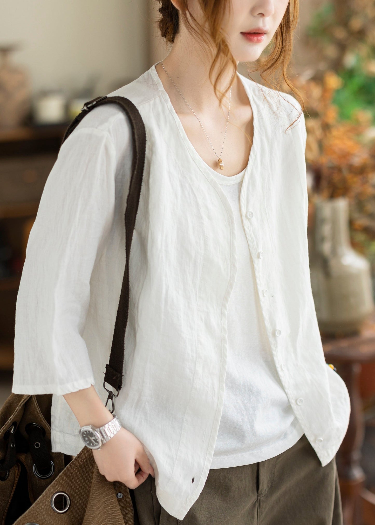 Yellow V Neck Button Linen Cardigans Summer
