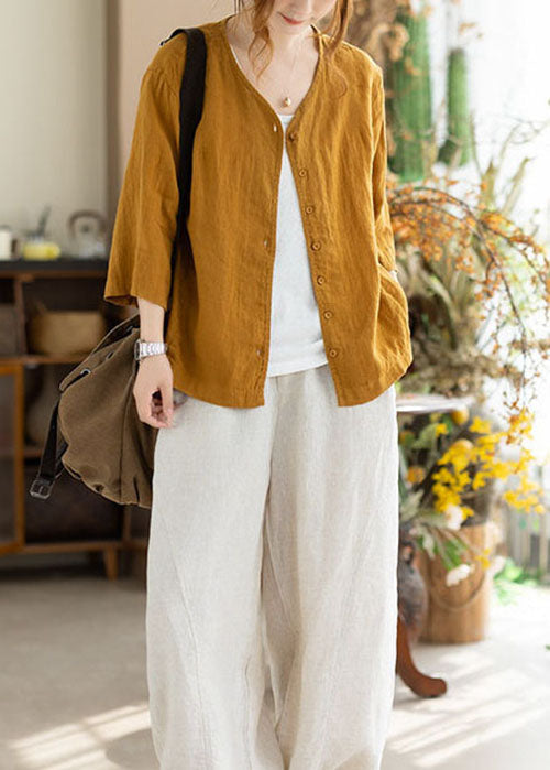 Yellow V Neck Button Linen Cardigans Summer