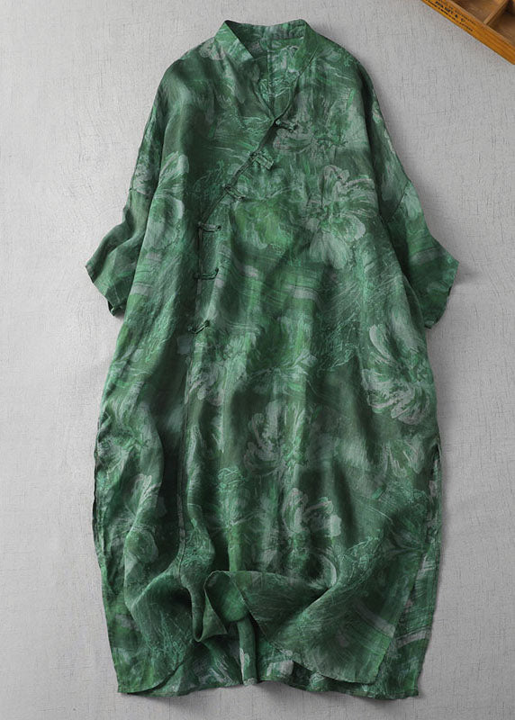 Yellow V Neck Chinese Button Patchwork Linen Dress Summer
