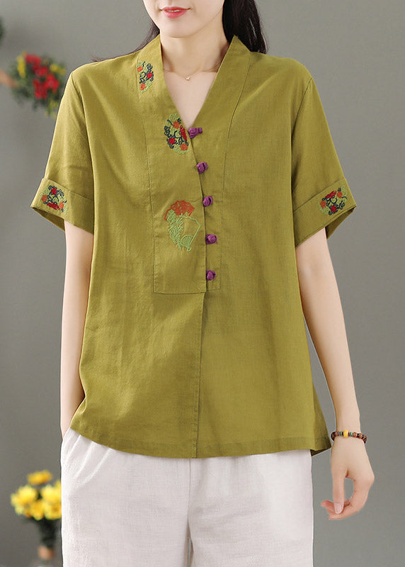 Yellow V Neck Embroideried Button Shirt Short Sleeve