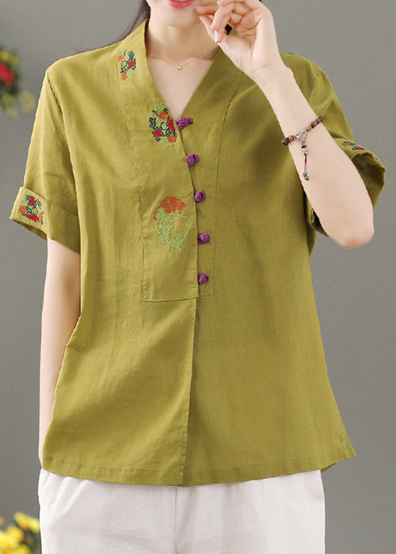 Yellow V Neck Embroideried Button Shirt Short Sleeve