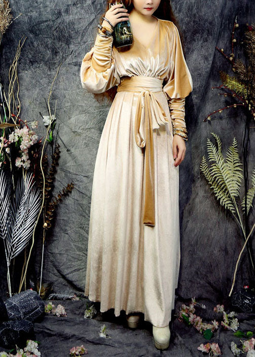 Yellow V Neck Exra Large Hem Silk Velour Cinch Long Dresses Long Sleeve
