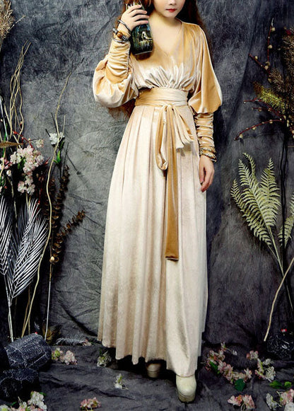 Yellow V Neck Exra Large Hem Silk Velour Cinch Long Dresses Long Sleeve