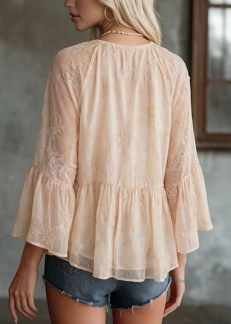 Yellow V Neck Patchwork Chiffon Top Bracelet Sleeve