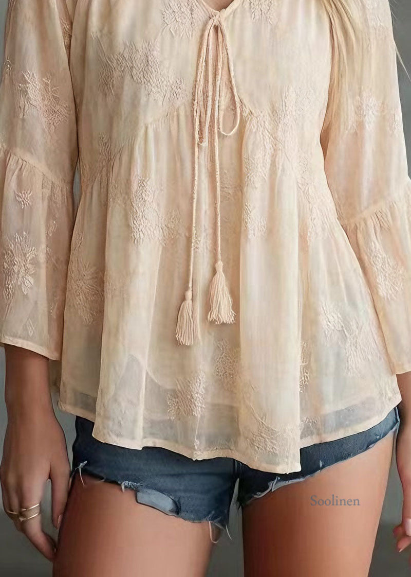 Yellow V Neck Patchwork Chiffon Top Bracelet Sleeve