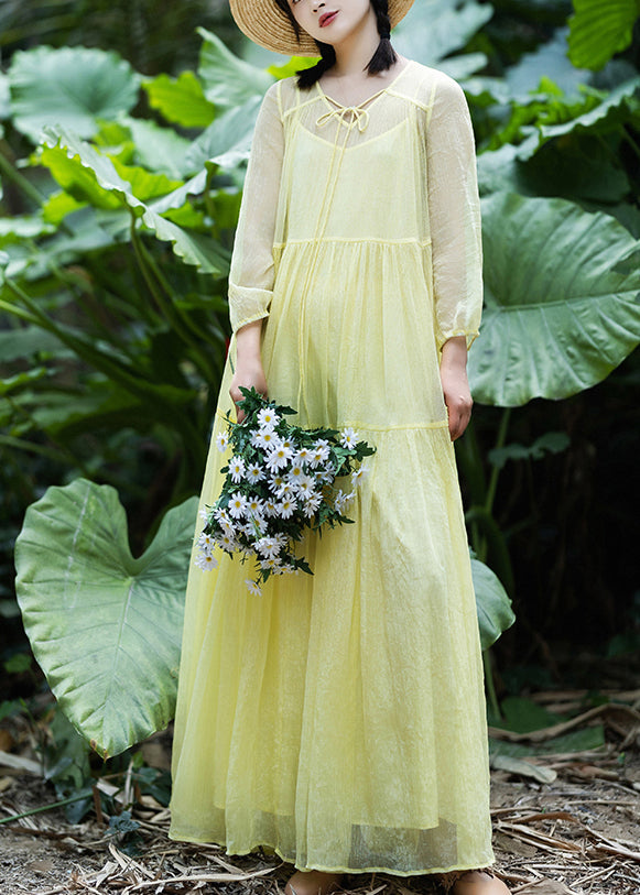 Yellow V Neck Patchwork Chiffon Vacation Long Dresses Spring