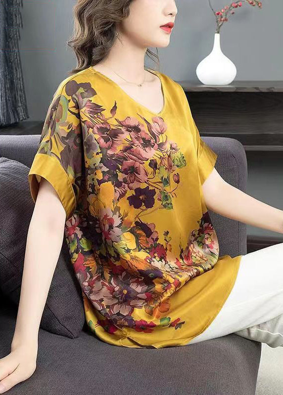 Yellow V Neck Print Patchwork Silk T Shirt Top Summer