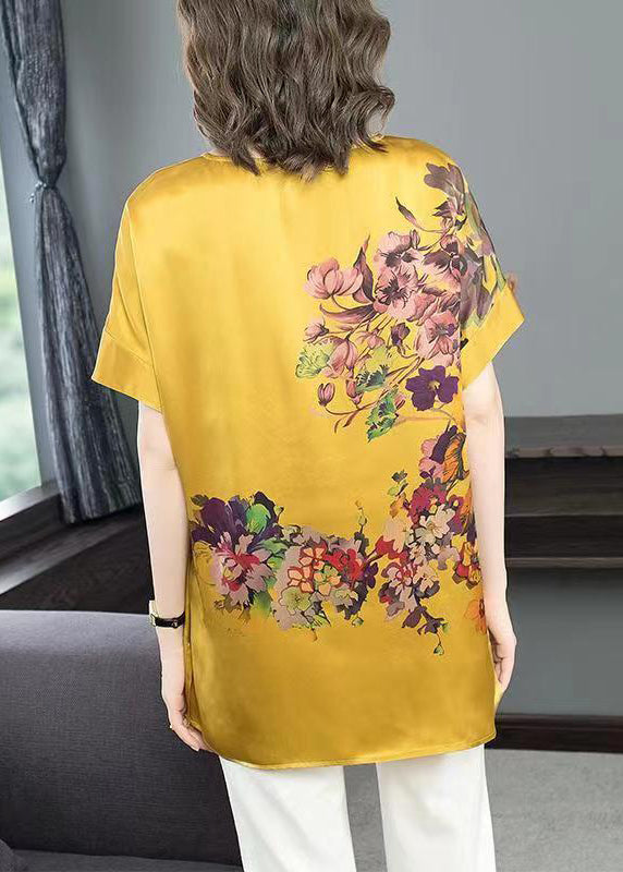 Yellow V Neck Print Patchwork Silk T Shirt Top Summer
