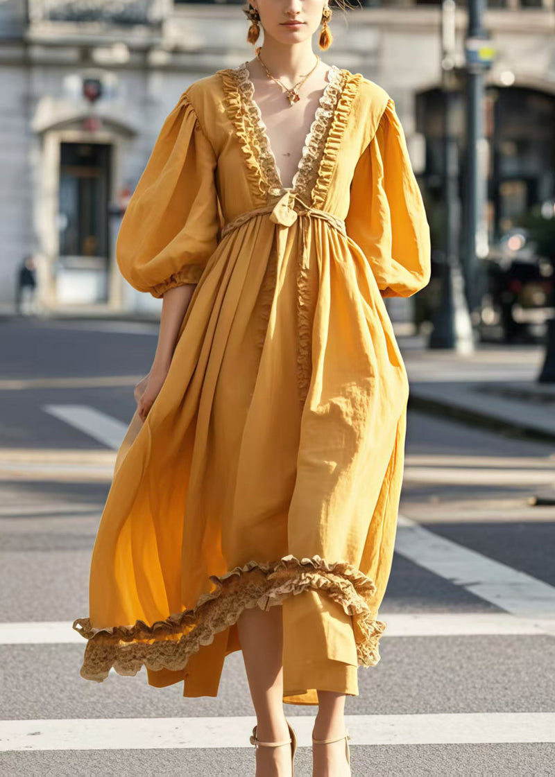 Yellow V Neck Ruffled Cotton Party Dress Lantern Sleeve