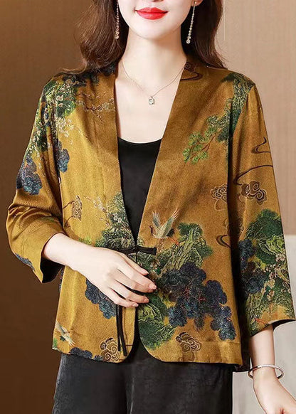 Yellow V Neck Tasseled Button Print Silk Cardigans Coats Spring