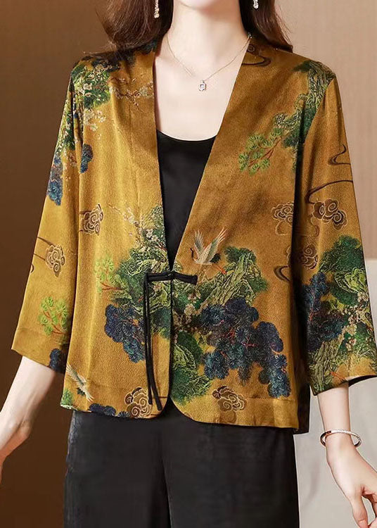 Yellow V Neck Tasseled Button Print Silk Cardigans Coats Spring