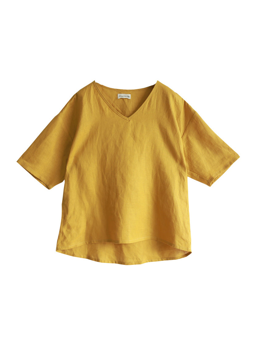 Yellow V Neck Low High Design Linen Tops Short Sleeve