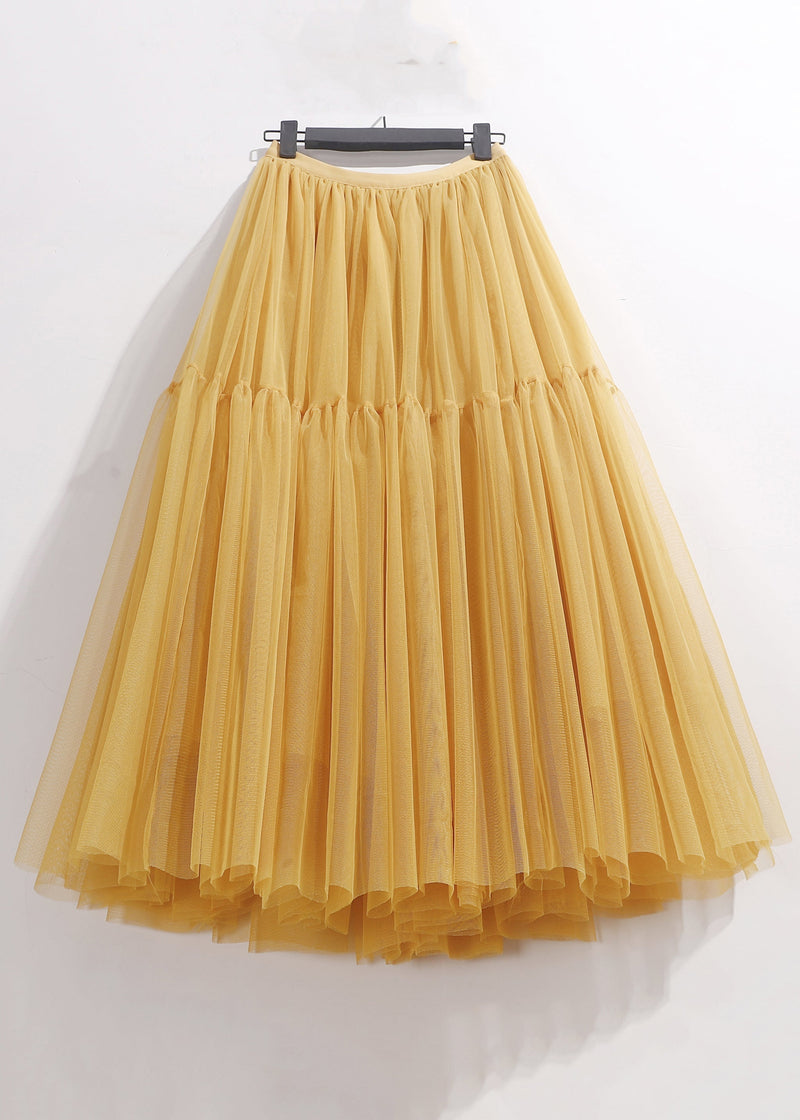 Yellow Wrinkled Elastic Waist Tulle Skirt Summer