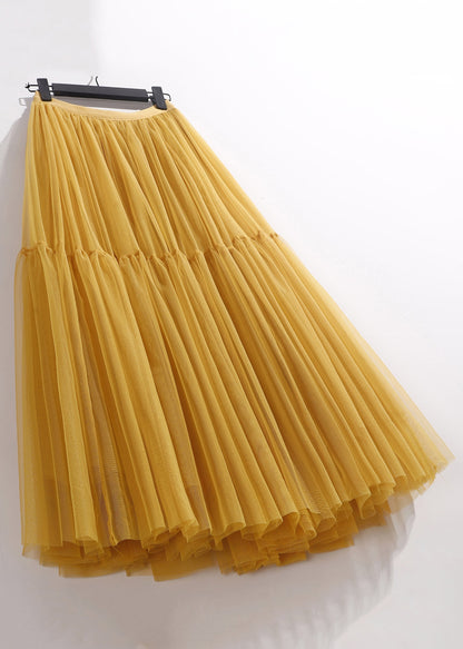 Yellow Wrinkled Elastic Waist Tulle Skirt Summer
