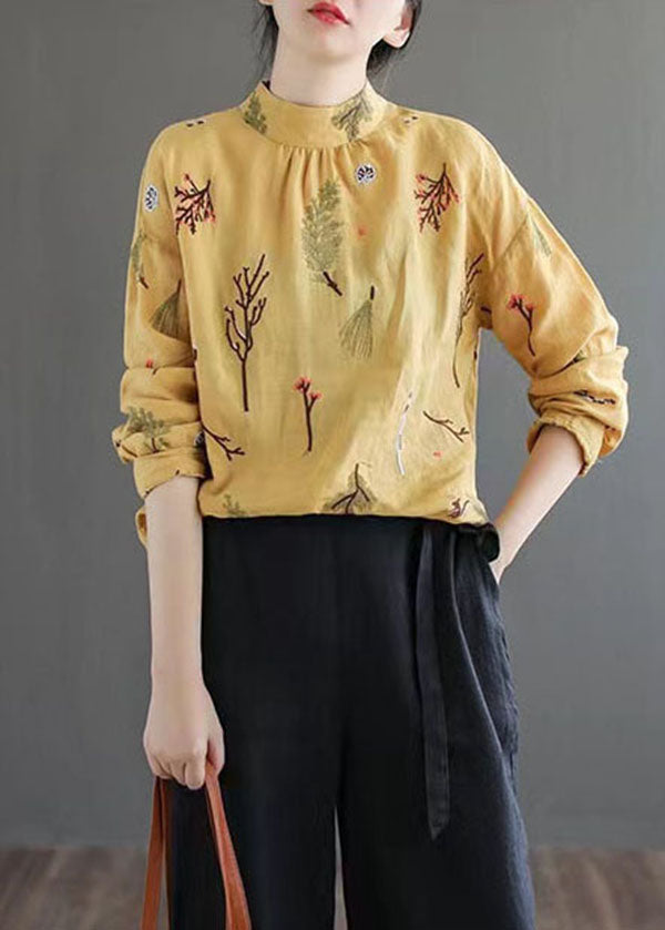 Yellow Wrinkled Embroideried Patchwork Linen Shirt Tops Spring