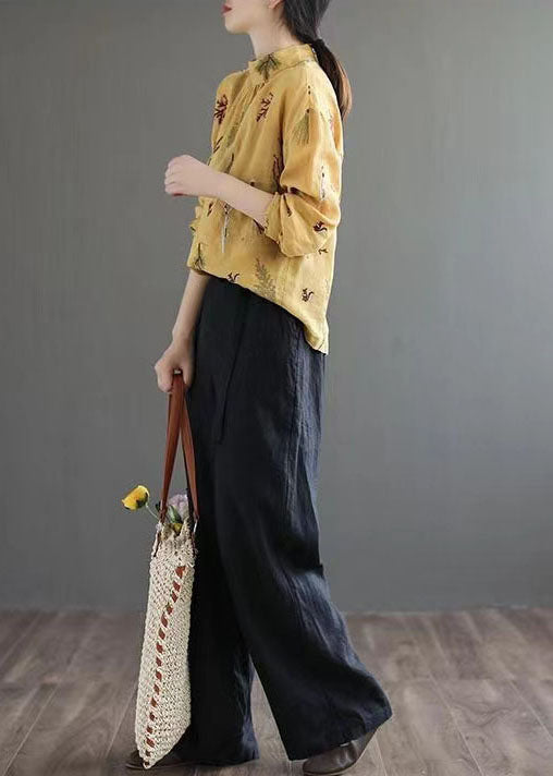 Yellow Wrinkled Embroideried Patchwork Linen Shirt Tops Spring