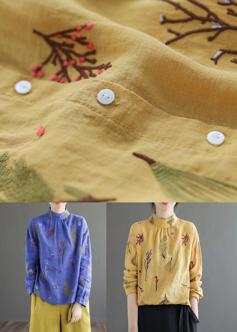 Yellow Wrinkled Embroideried Patchwork Linen Shirt Tops Spring