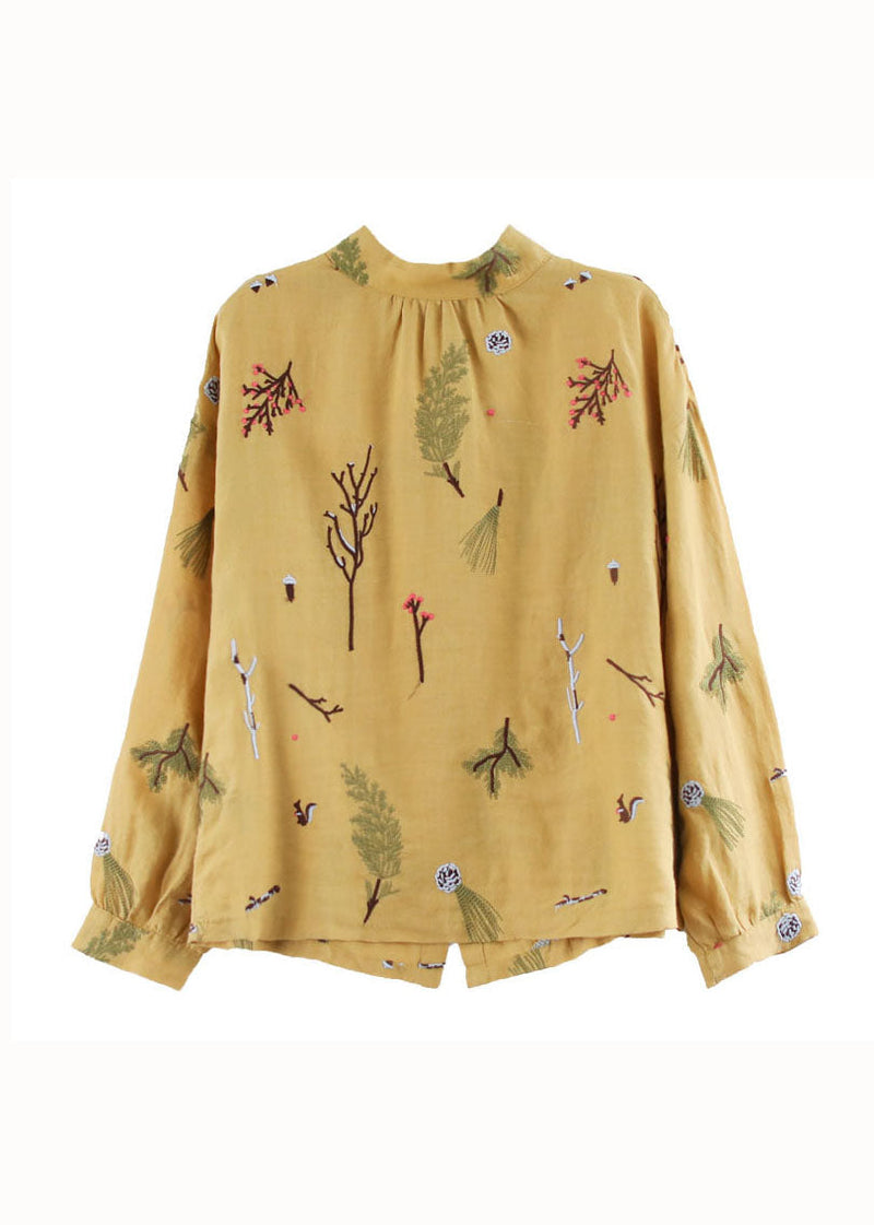 Yellow Wrinkled Embroideried Patchwork Linen Shirt Tops Spring