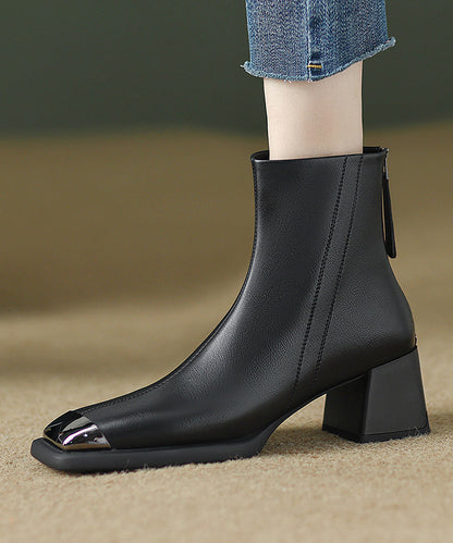 Zippered Splicing Chunky Boots Brown Cowhide Leather