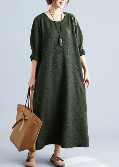 Army Green Cotton Dress O Neck Jacquard Robe Fall Dresses