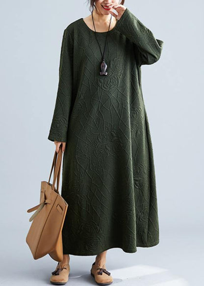 Army Green Cotton Dress O Neck Jacquard Robe Fall Dresses
