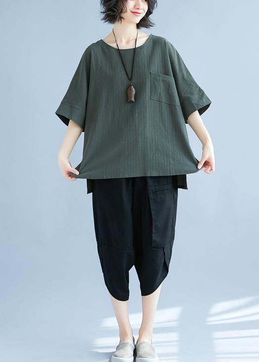 Army Green Linen Cotton Clothes for Omychic Tops Hooded Side Open Midi Summer Tops