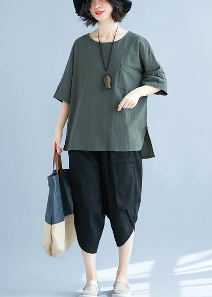 Army Green Linen Cotton Clothes for Omychic Tops Hooded Side Open Midi Summer Tops