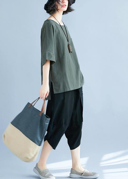 Army Green Linen Cotton Clothes for Omychic Tops Hooded Side Open Midi Summer Tops