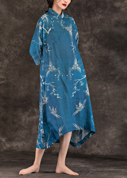 Asymmetric Half Sleeve Linen Dress Work Outfits Blue Print Loose Dress Summer