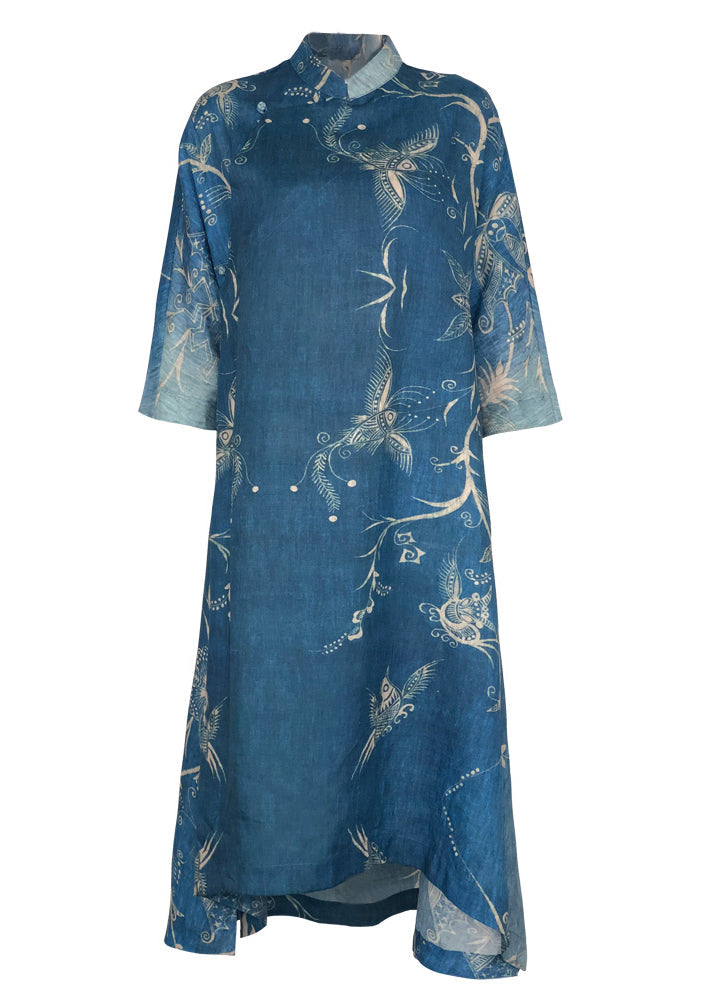 Asymmetric Half Sleeve Linen Dress Work Outfits Blue Print Loose Dress Summer