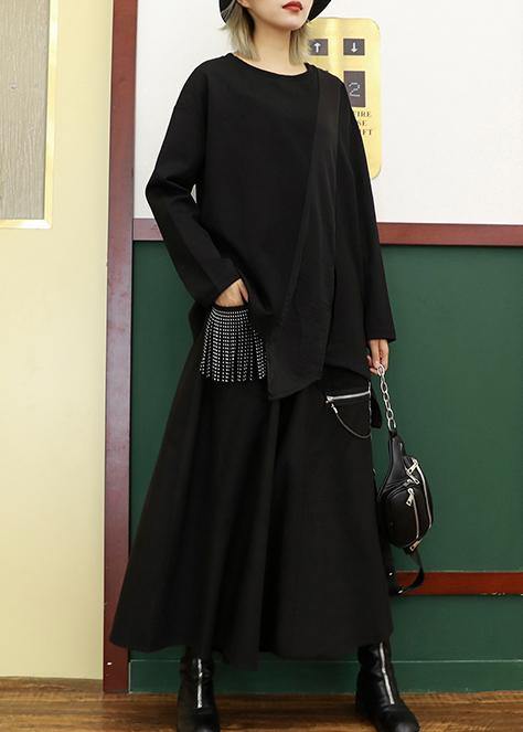 Women asymmetric cotton linen tops black shirts o neck patchwork