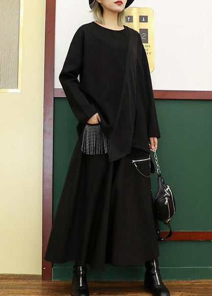 Women asymmetric cotton linen tops black shirts o neck patchwork