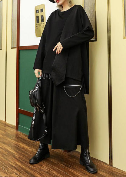 Women asymmetric cotton linen tops black shirts o neck patchwork