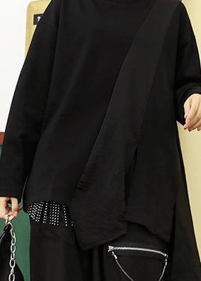 Asymmetric Cotton Linen Tops Black Shirts O Neck Patchwork