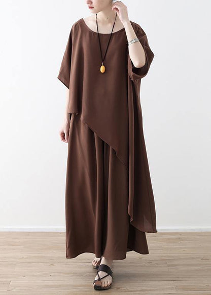 Asymmetric Hem Chiffon Box Top Work Brown Tunic Blouse Summer