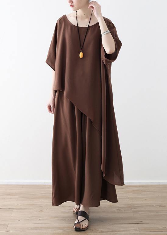 Asymmetric Hem Chiffon Box Top Work Brown Tunic Blouse Summer