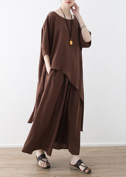 Asymmetric Hem Chiffon Box Top Work Brown Tunic Blouse Summer